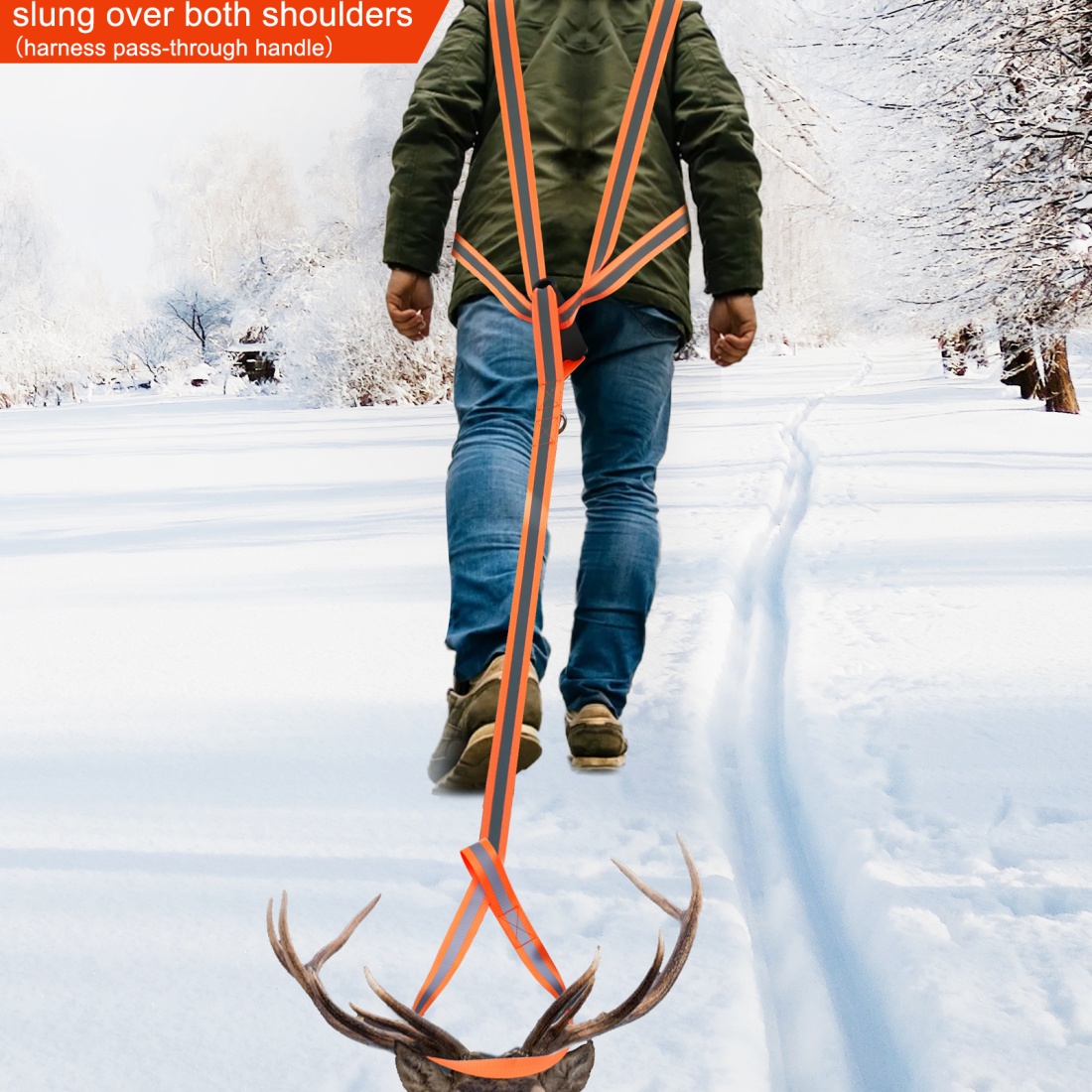 CHERAINTI Deer Drag Harness, 2 Packs Heavy Duty Orange Deer Dragging Rope with Reflective Strip, Soft Handle and Widen Shoulder, Mens Deer Hunting Accessories Gear Strap, Gift for Hunters