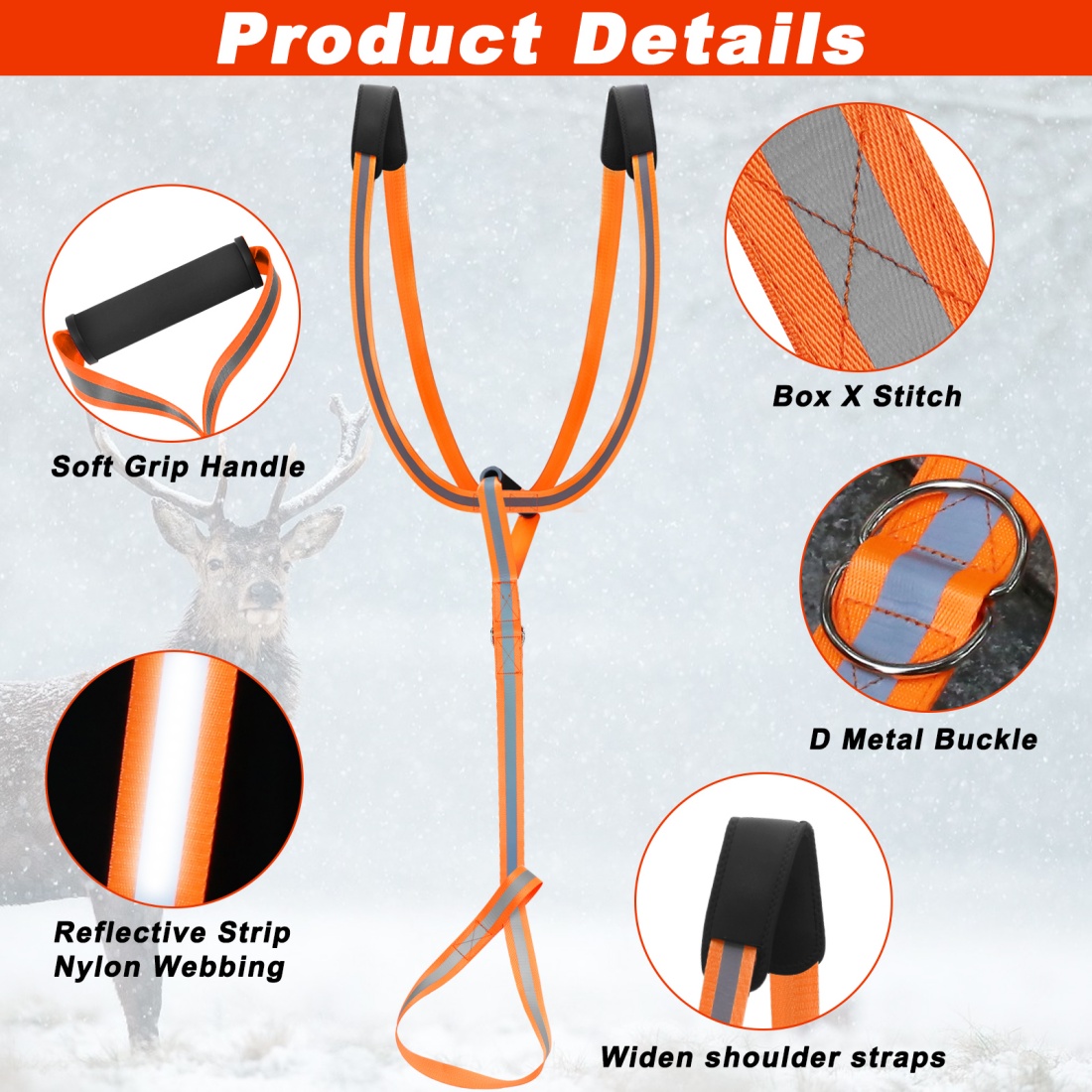 CHERAINTI Deer Drag Harness, 2 Packs Heavy Duty Orange Deer Dragging Rope with Reflective Strip, Soft Handle and Widen Shoulder, Mens Deer Hunting Accessories Gear Strap, Gift for Hunters