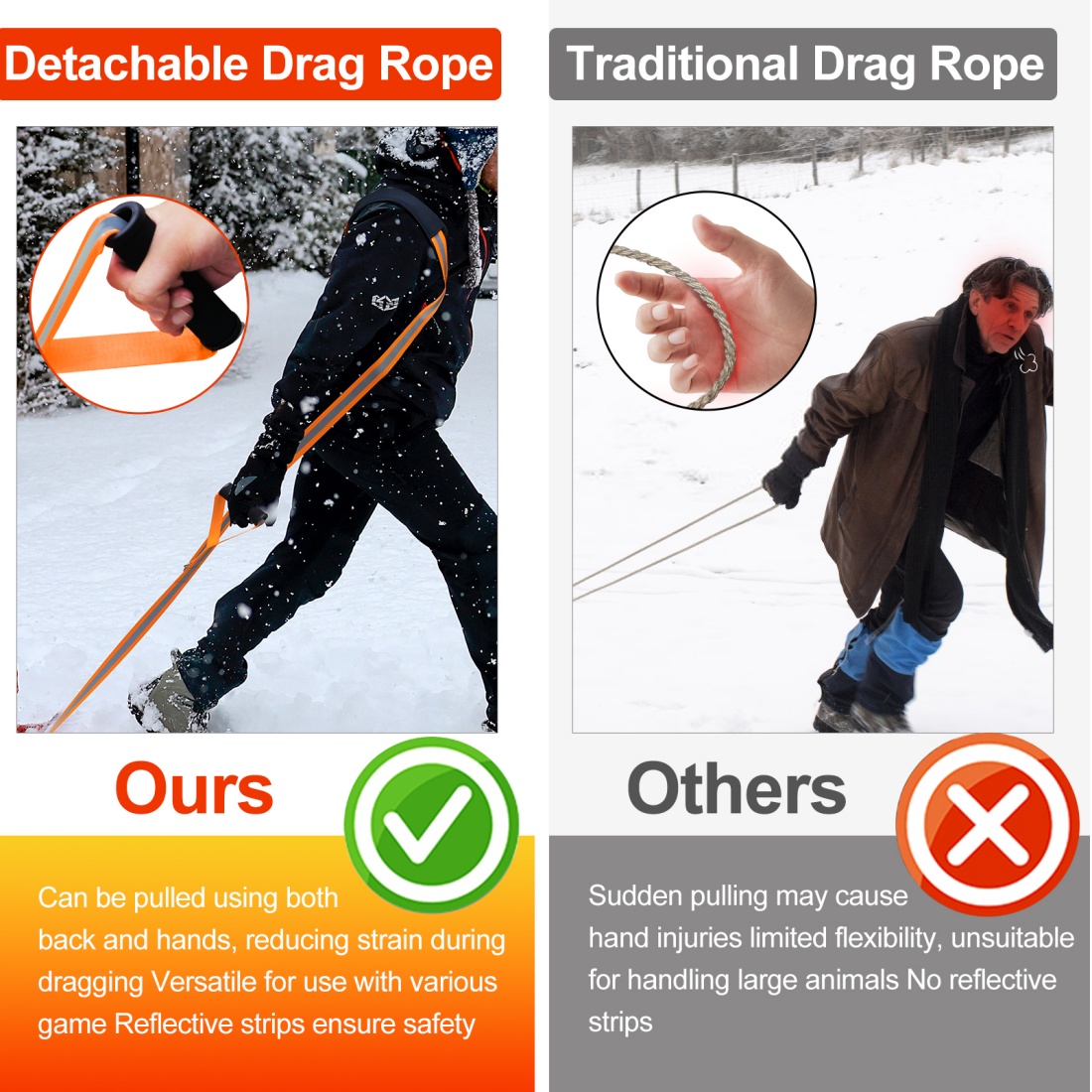 CHERAINTI Deer Drag Harness, 2 Packs Heavy Duty Orange Deer Dragging Rope with Reflective Strip, Soft Handle and Widen Shoulder, Mens Deer Hunting Accessories Gear Strap, Gift for Hunters